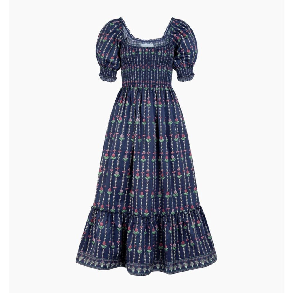 Hill House Home The Louisa Nap Dress Trailing Fern Navy Multi Smocked Midi S